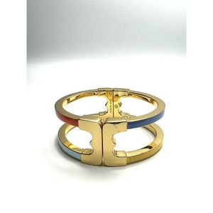 TORY BURCH GEMINI LINK HINGED CUFF IN GOLD & MULTI COLOR ENAMEL.